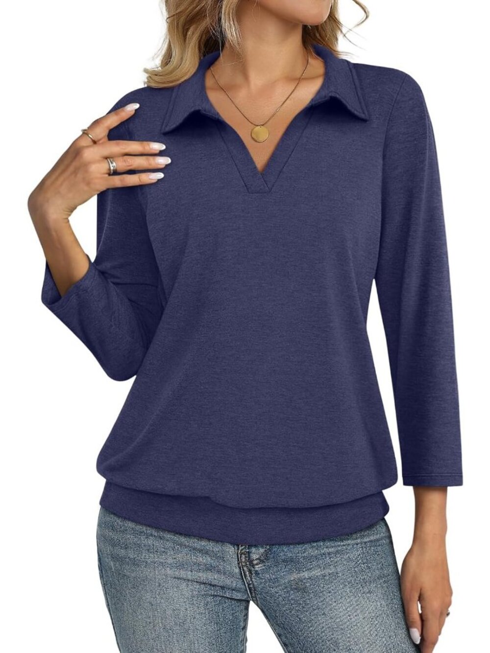 Women's Navy Blue V Neck Banded Bottom 3/4 Sleeve Shirt Collared Casual Blouses